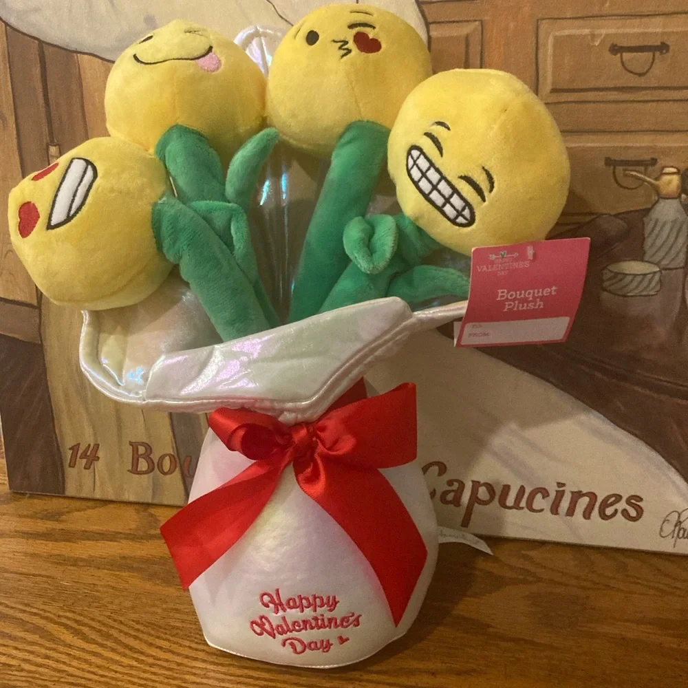 Valentines Bouquet Plush-  Emoji with Red Bow - NWT